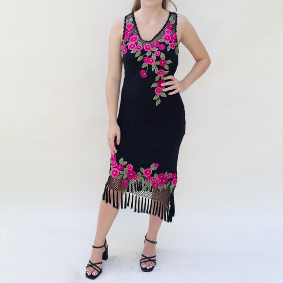 Vintage Cache 90s Midi Dress Silk Salsa Asymmetrical Fringe Tassel Rose Applique - Picture 1 of 15